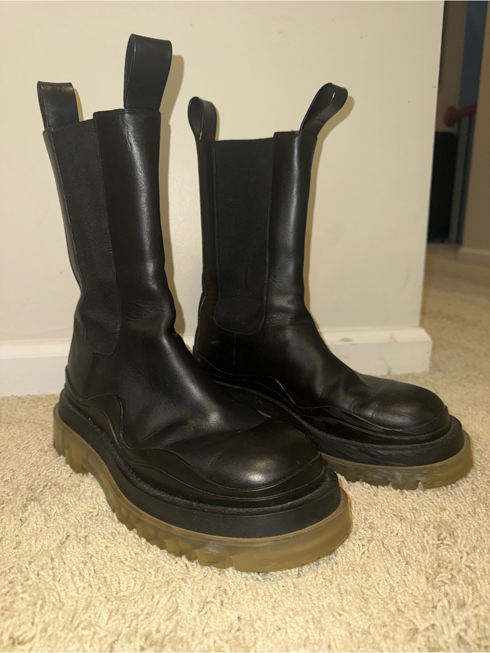 Bottega Veneta Black Leather Lug Sole Ankle Boots with Translucent Gum Soles